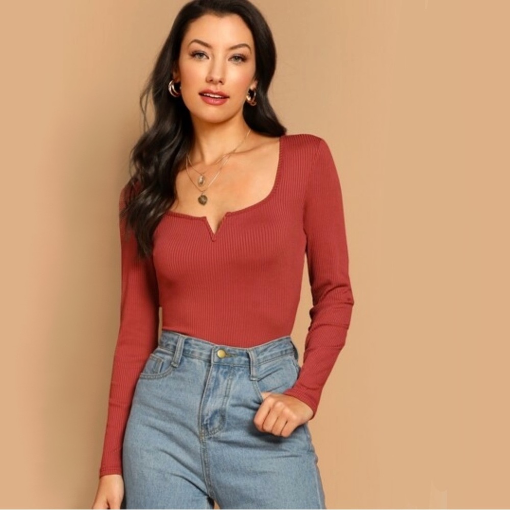 SHEIN V Cut Neck Form Fitting Long Sleeve